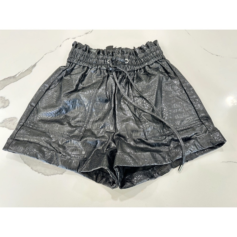 Zenana Black Faux Leather Croc Embossed Paperbag Waist Shorts Small
